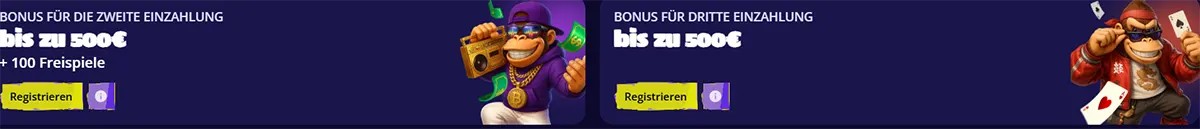 German casino bonus banners for the second and third deposit offers, each up to €500, with yellow registration buttons, free spins text, and cartoon monkey characters on a dark background.