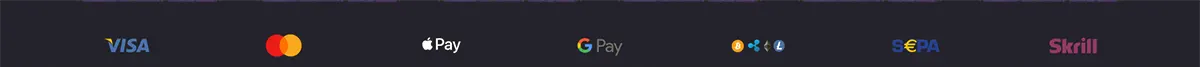 Payment methods banner on a dark background featuring Visa, Mastercard, Apple Pay, Google Pay, cryptocurrency, SEPA, and Skrill logos.